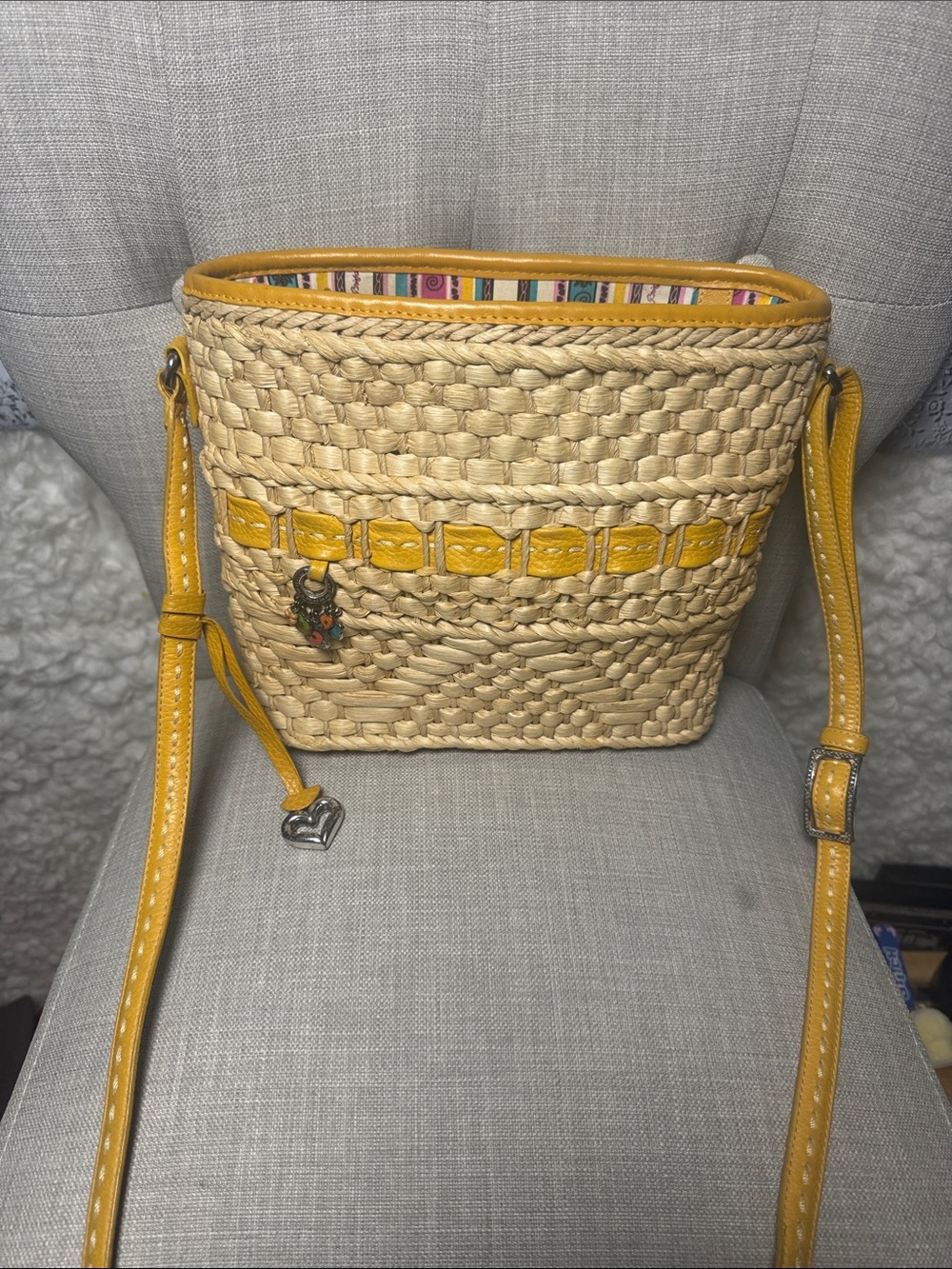 Brighton,Woven Straw Crossbody Bag with Yellow Trim